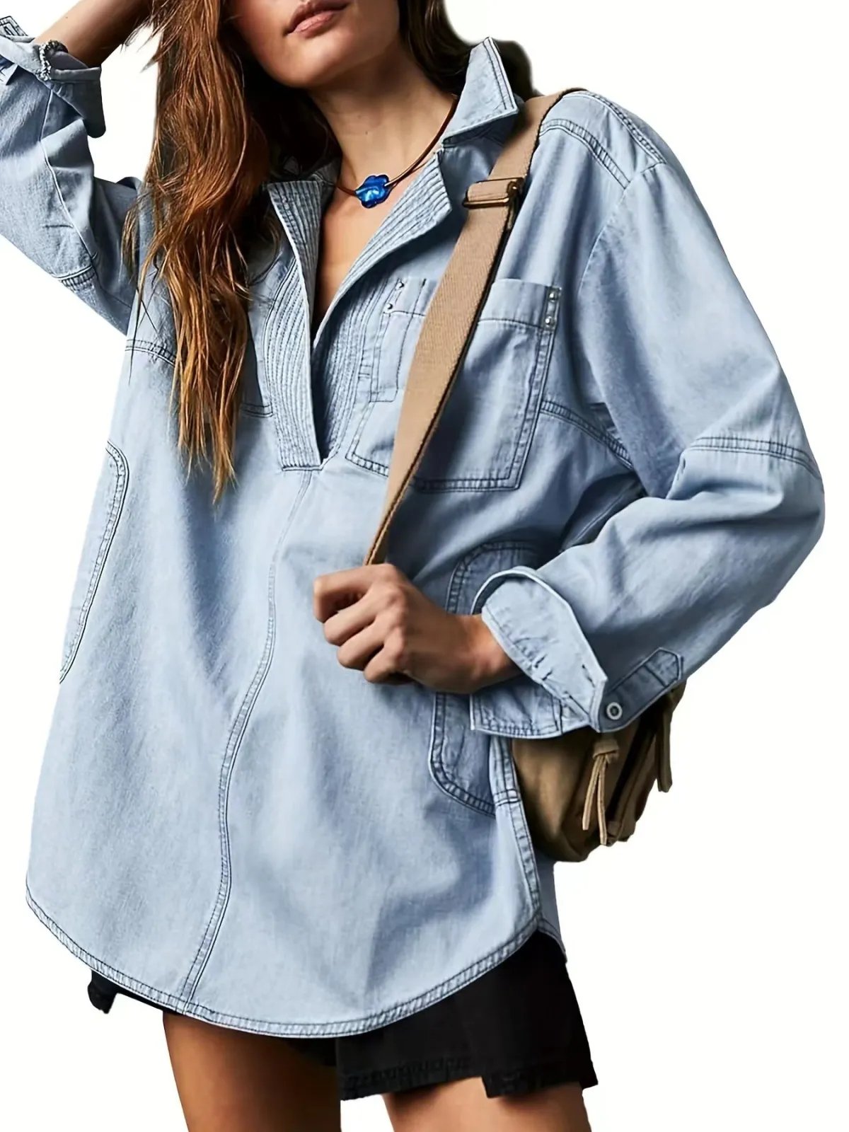 π Chic & Comfy Denim Pullover β Button V-Neck + Pockets for Everyday Style! πβ¨