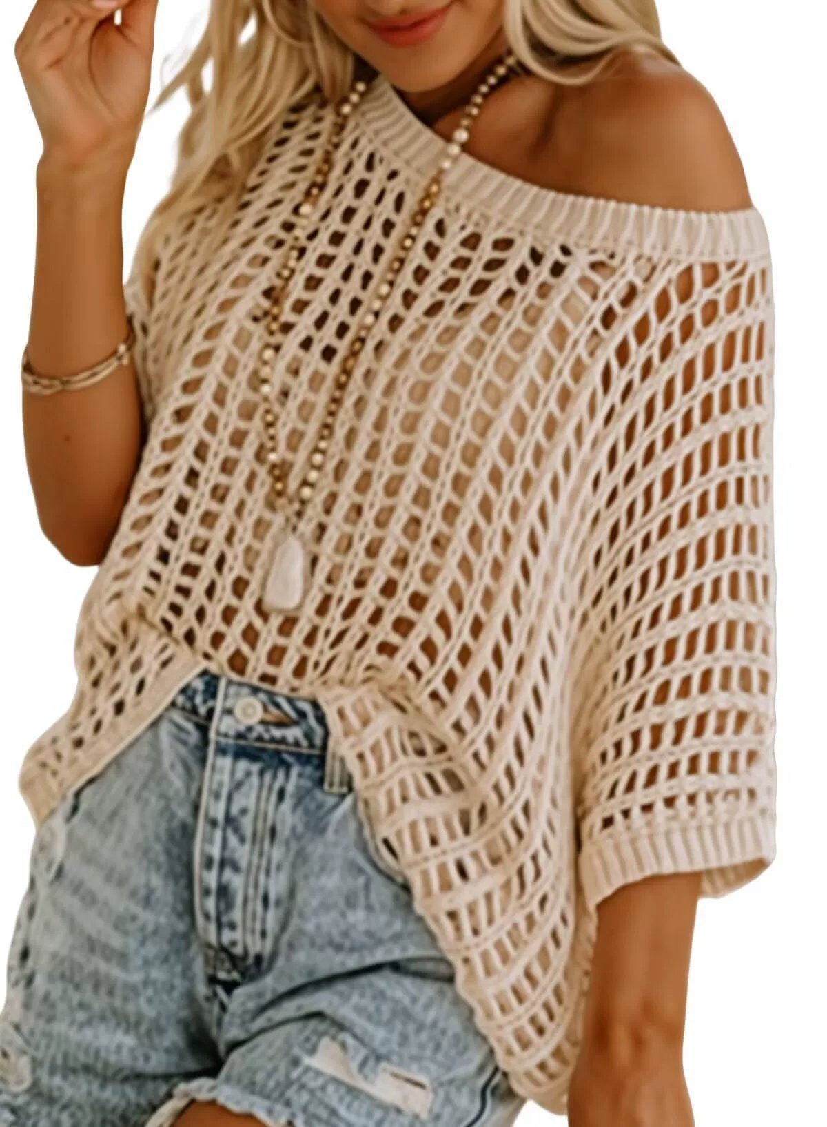 Last Day ๐ Womens Summer Scoop Neck ShortSleeve Sweater Casual Crochet Hollow Out KnitTops