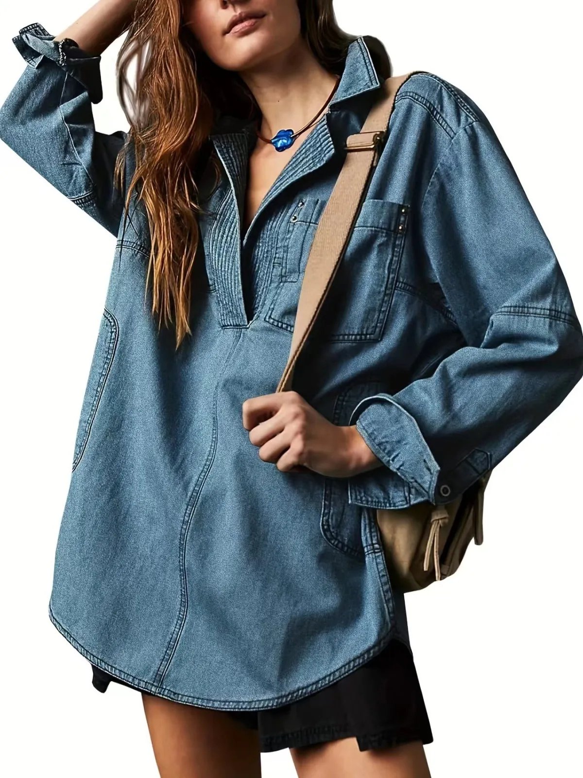 π Chic & Comfy Denim Pullover β Button V-Neck + Pockets for Everyday Style! πβ¨