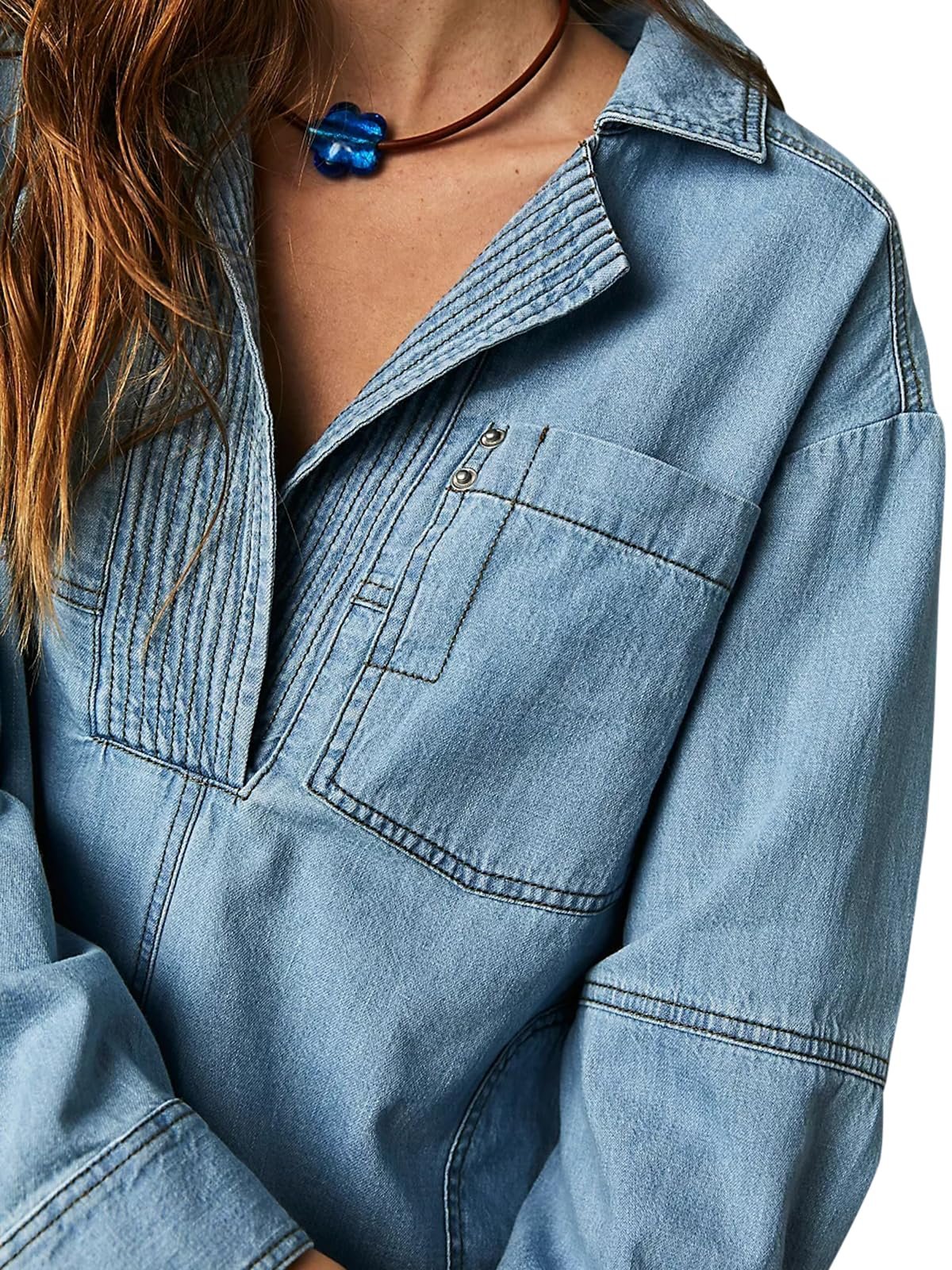 π Chic & Comfy Denim Pullover β Button V-Neck + Pockets for Everyday Style! πβ¨