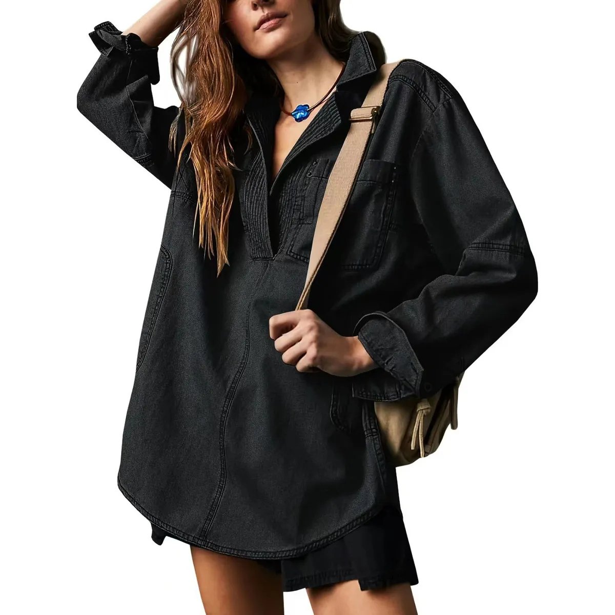 π Chic & Comfy Denim Pullover β Button V-Neck + Pockets for Everyday Style! πβ¨
