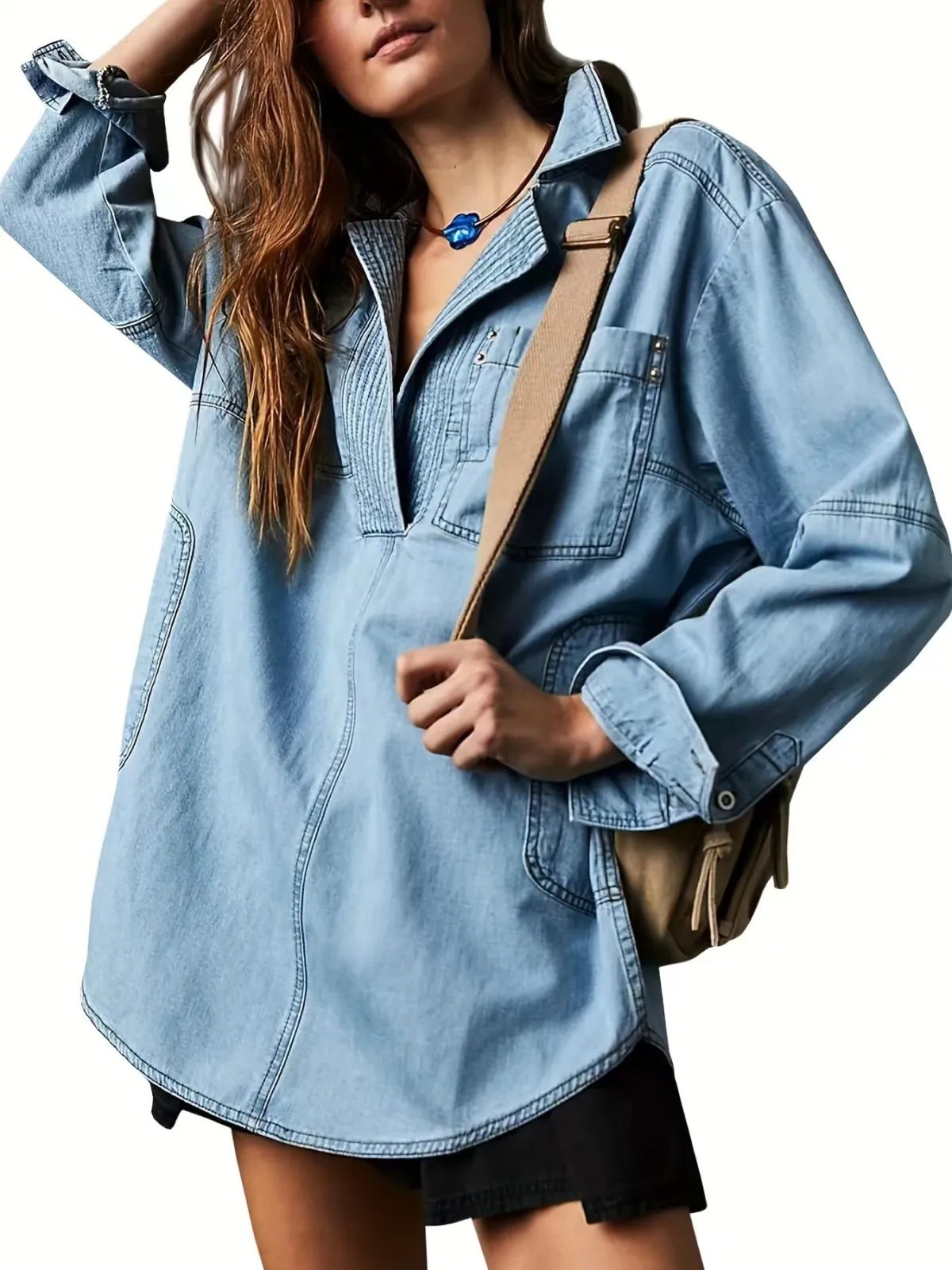 π Chic & Comfy Denim Pullover β Button V-Neck + Pockets for Everyday Style! πβ¨