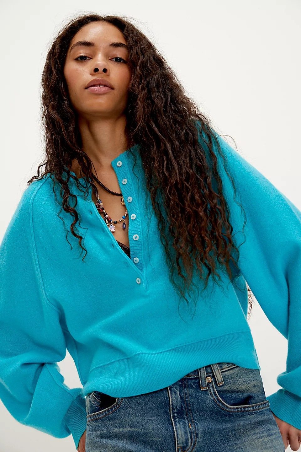 ⏰Hot Sale-Womens Henley Button Fall Long Sleeve Loose Knit Pullover Tops(Free Shipping)