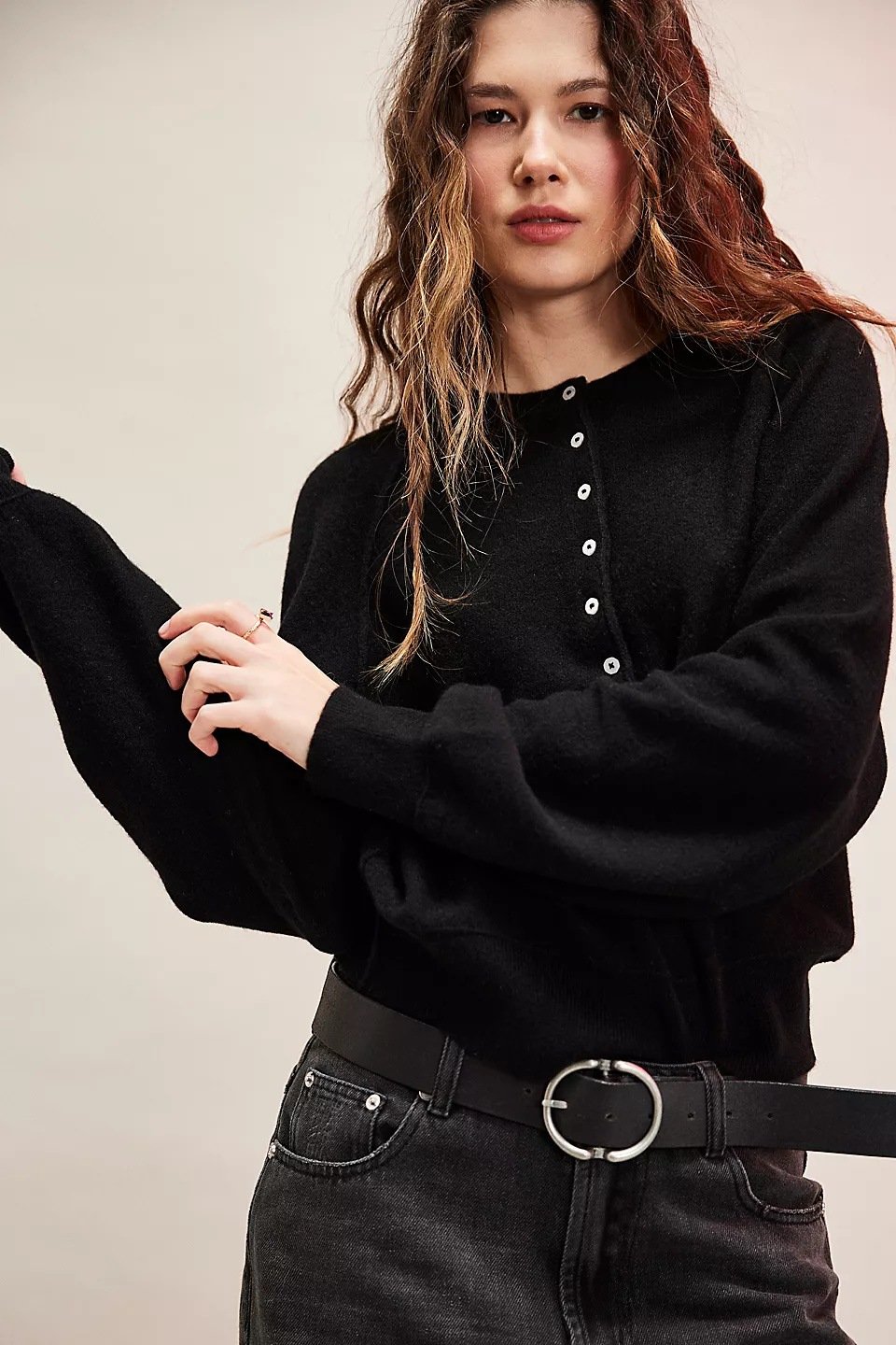 ⏰Hot Sale-Womens Henley Button Fall Long Sleeve Loose Knit Pullover Tops(Free Shipping)