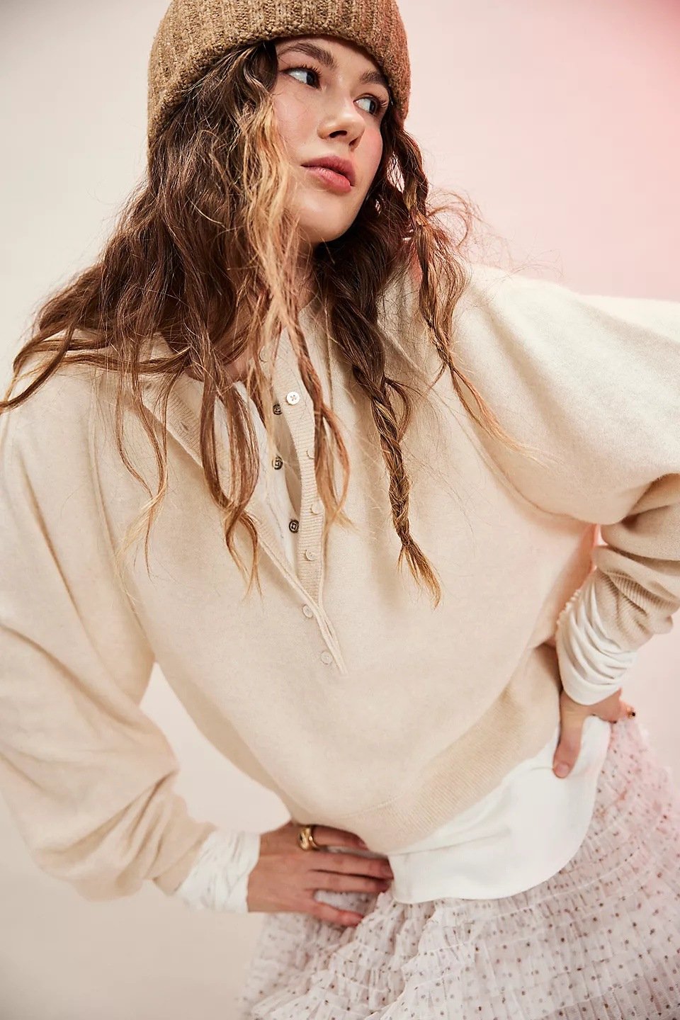 ⏰Hot Sale-Womens Henley Button Fall Long Sleeve Loose Knit Pullover Tops(Free Shipping)