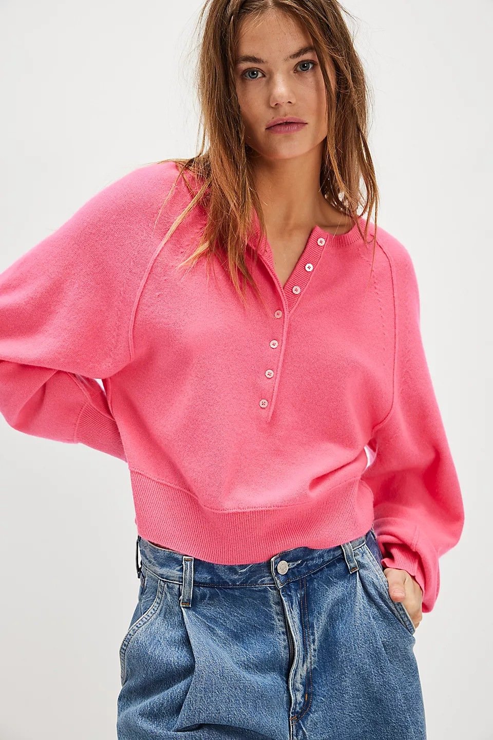 ⏰Hot Sale-Womens Henley Button Fall Long Sleeve Loose Knit Pullover Tops(Free Shipping)